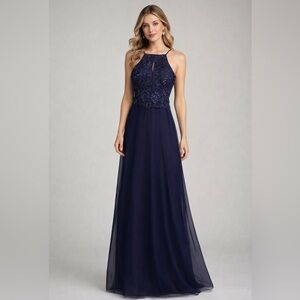 Women Cachet Sequin Beaded Lace Bodice Dress Key Hole